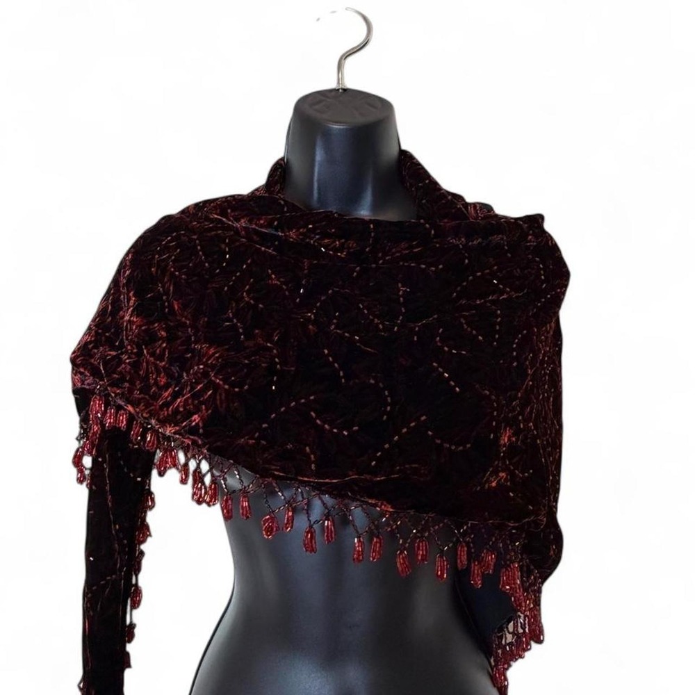 Vintage Y2K Whimsigoth Burgundy Velvet Beaded Triangle Shawl Wrap